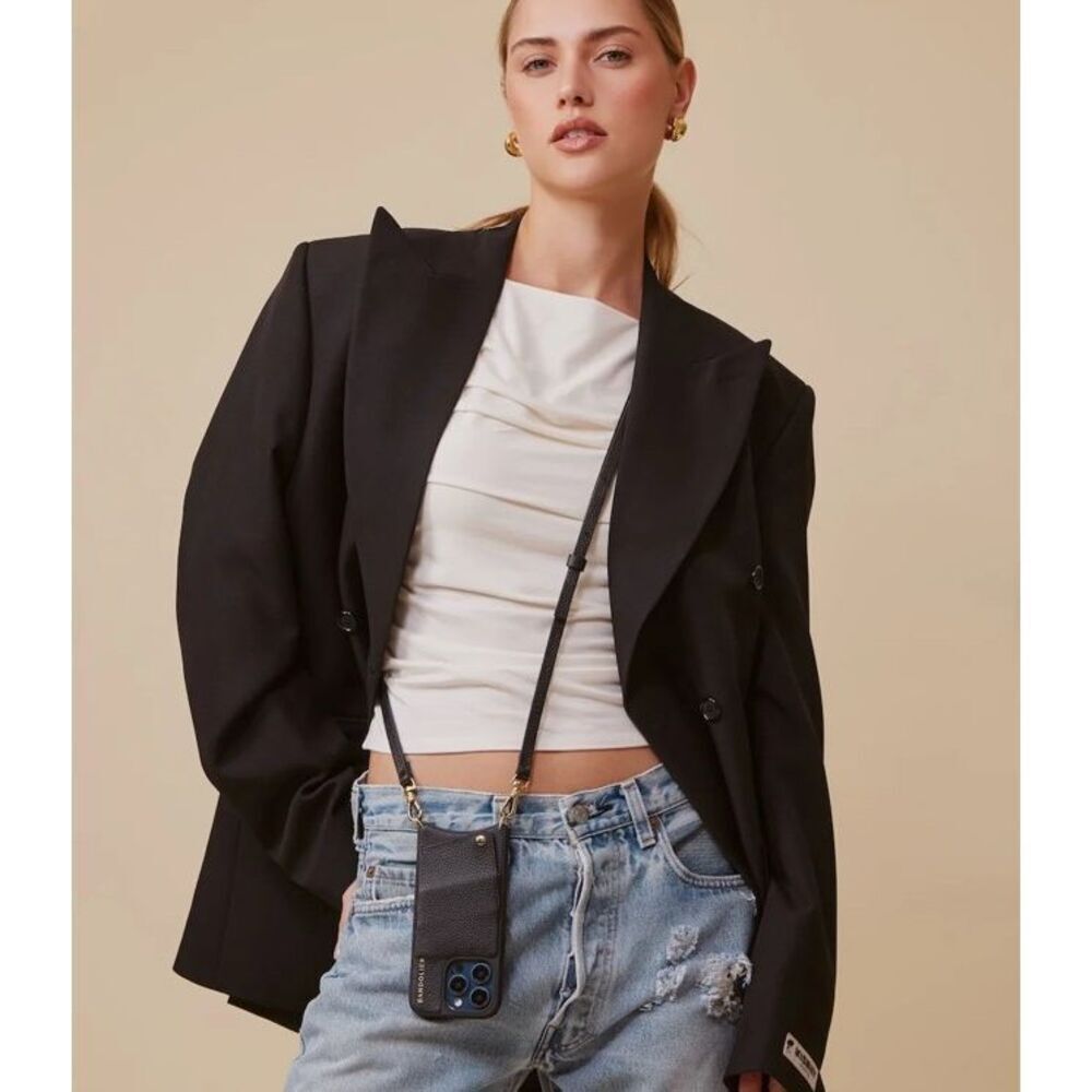 Bandolier Emma Black Leather Crossbody iPhone SE/7/8 Case with Studded Strap